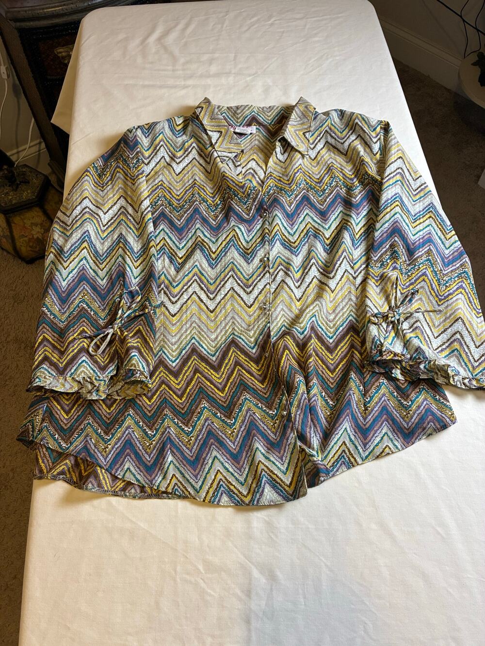 Paloma Carmin 42 XL Chevron Print Blouse Womens Button Front Boho 3/4 Sleeve Top